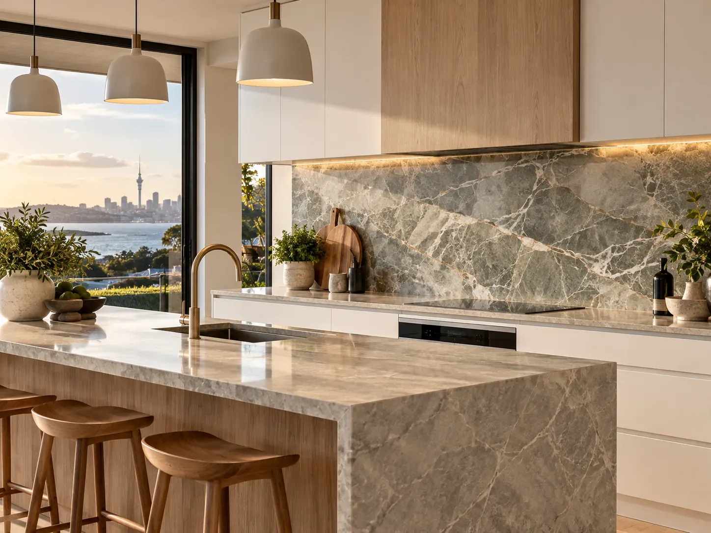 Modern Auckland kitchen with a full-height grey marble-look stone splashback, oak cabinetry and city views