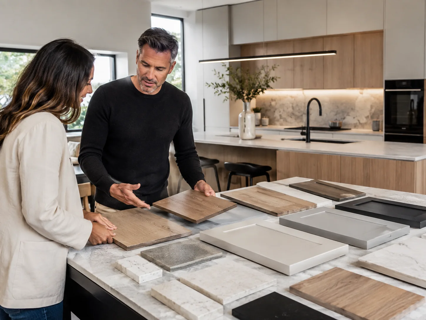 Homeowners comparing kitchen cabinet materials and finishes in a modern Auckland kitchen