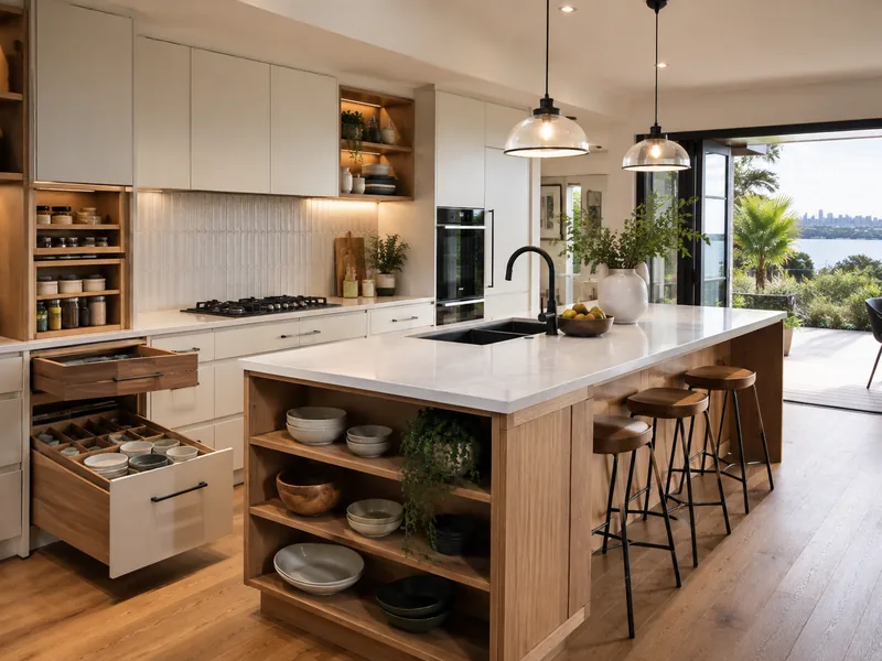 Bespoke kitchen in Auckland with custom island, cabinetry and storage